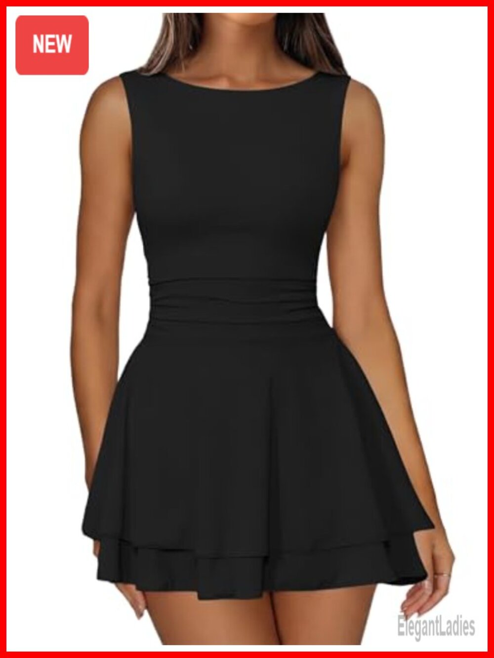 Sleeveless Boat Neck Mini Dress with Tiered Ruffle Hem for Party